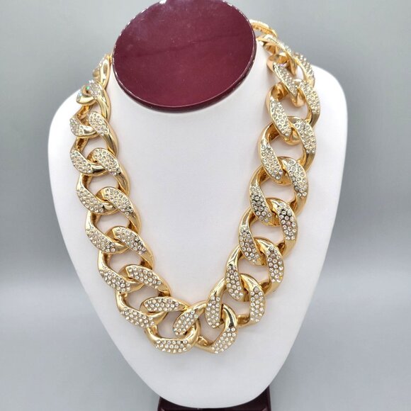 Jewelry - Gold Tone Linking Chain Rhinestone Studded Bib Necklace Collar Length Chunky